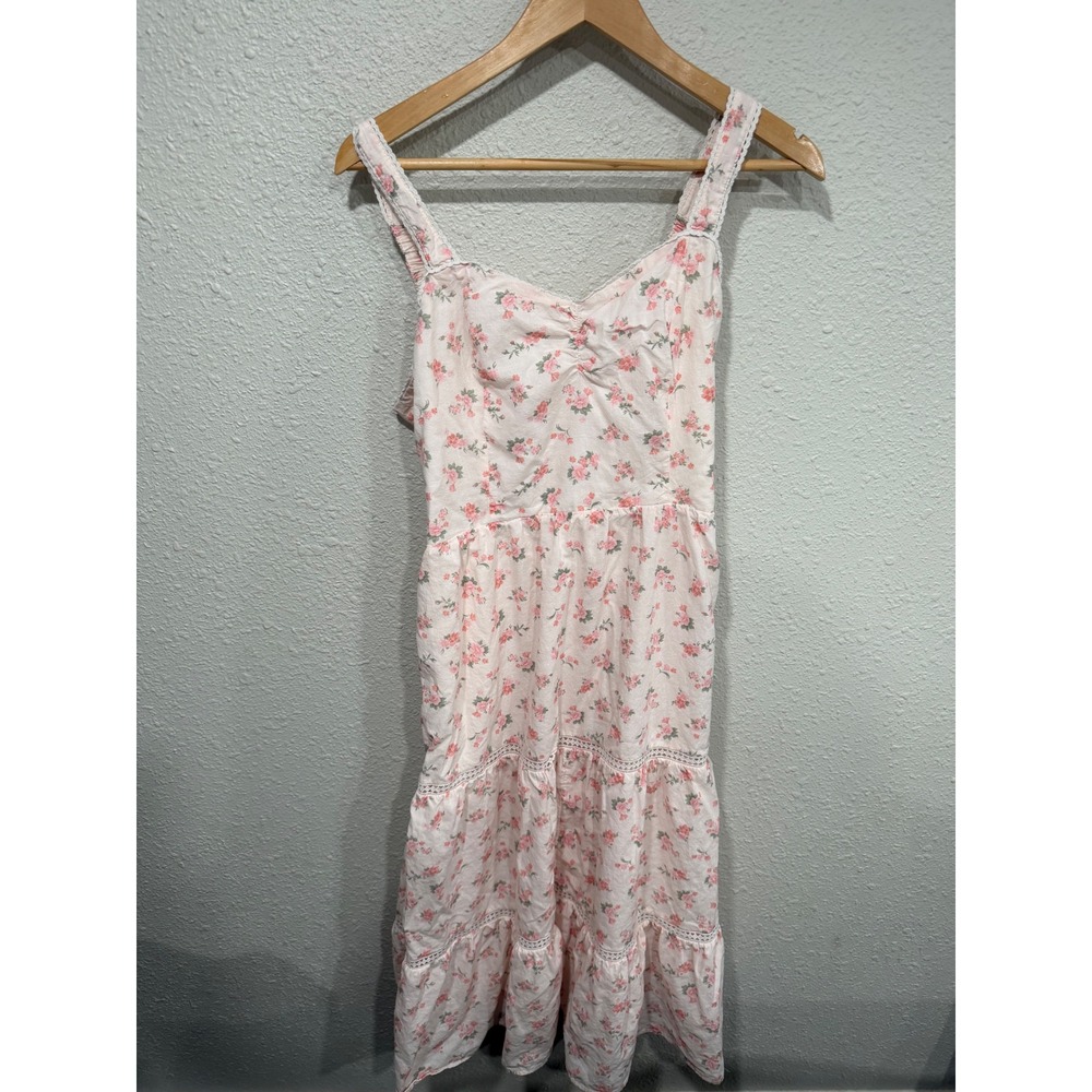 Pink Floral Sweetheart Lace Tiered Midi Dress L Cottagecore Coquette Fairycore - Picture 2 of 9